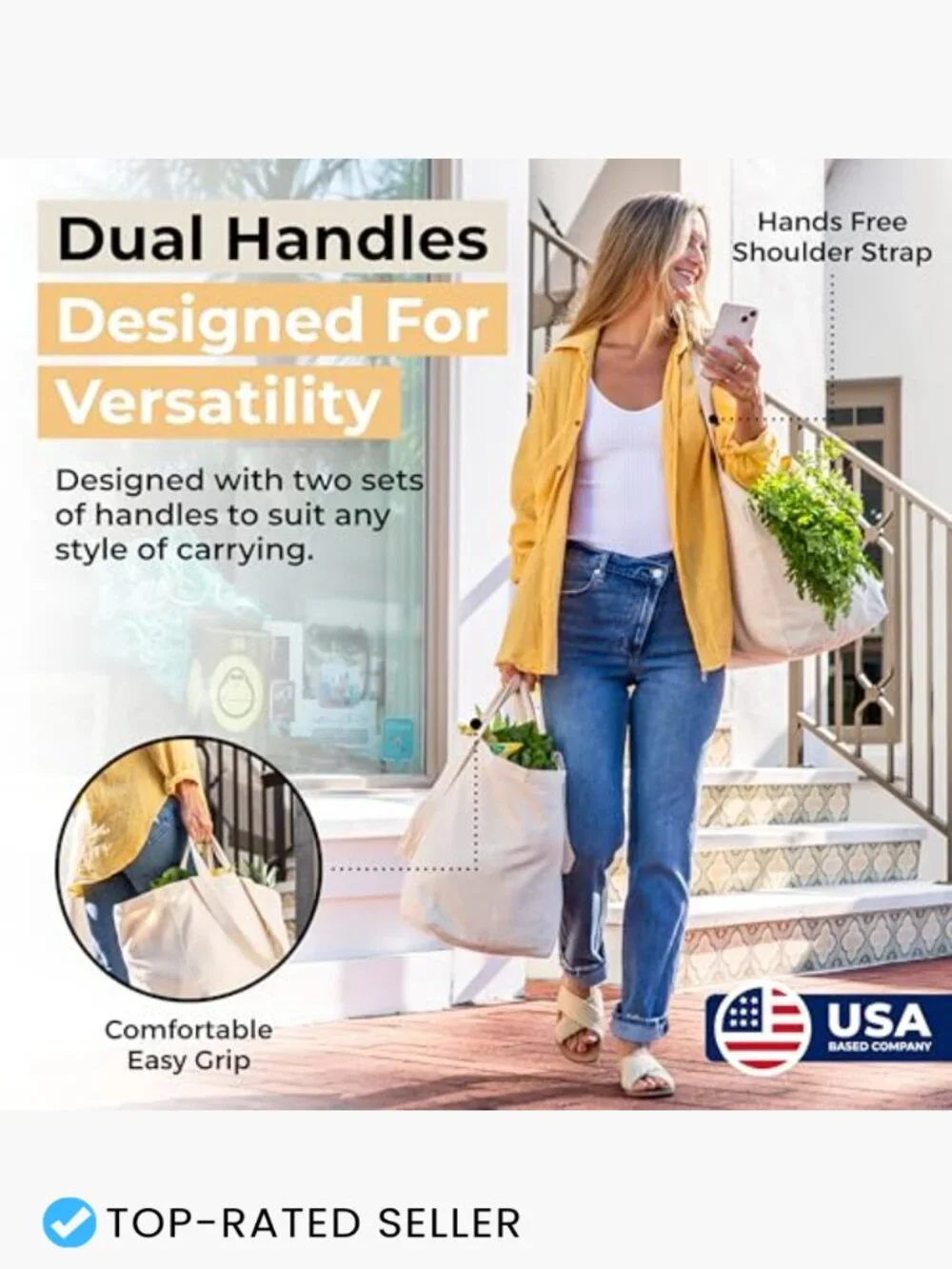 Heavy Duty Canvas Grocery Tote Set 3 Pack XL Reusable Shoulder Strap Cotton Eco